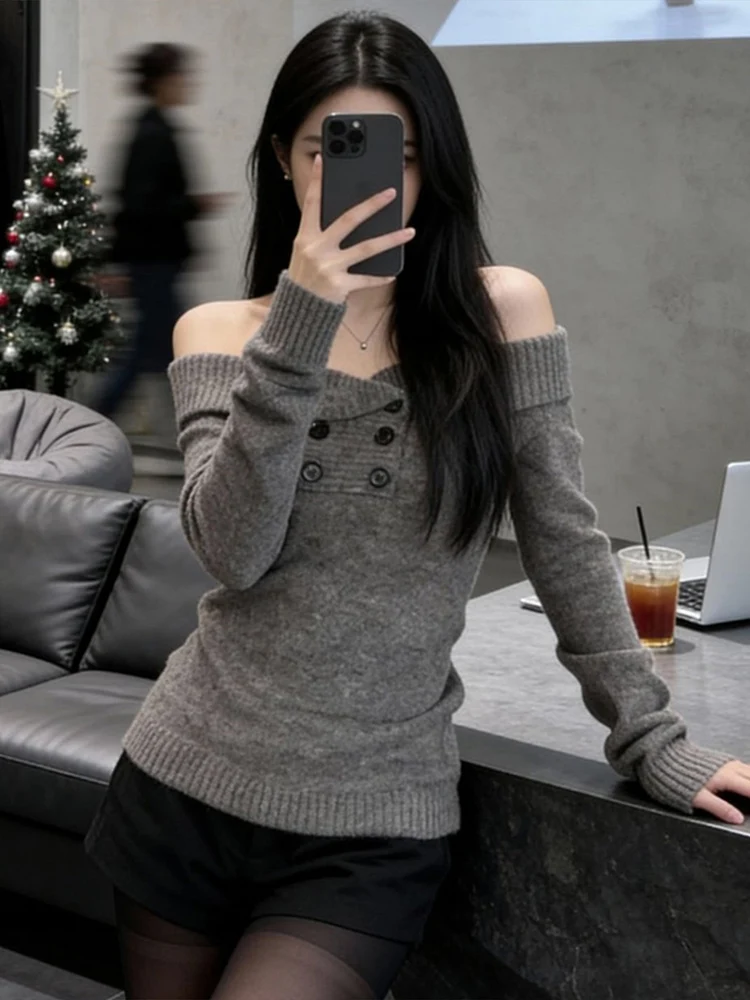 

Sexy oulder Bared Long Sve Knitted Sweater Women's Autumn Winter New Sle ay Retro Slimming Base irt Top