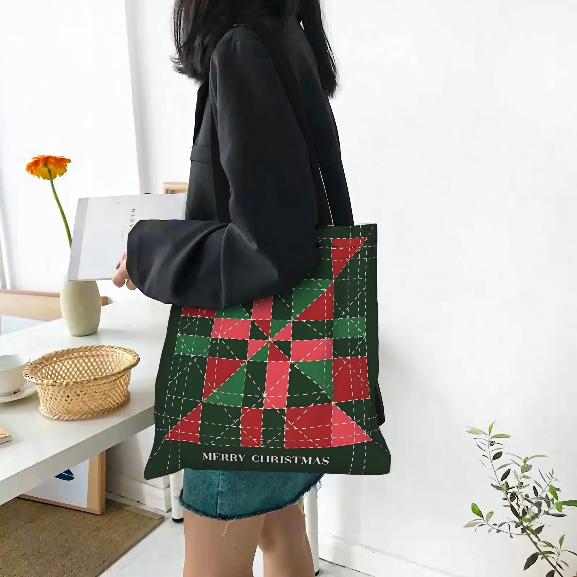 Customized Merry Christmas Women's Bag Shopping Bag Reusable Double Sided Canvas Tote Bag Shoulder  Handbag