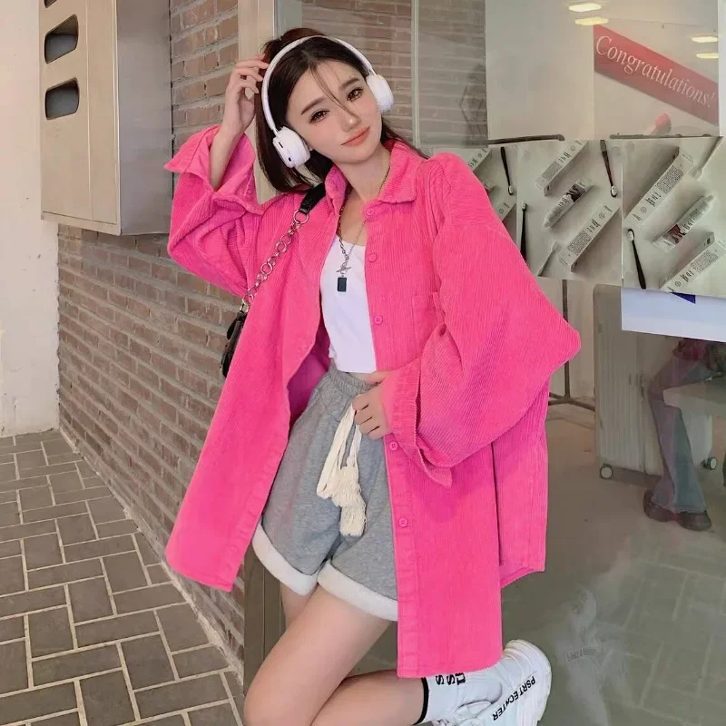 

Jackets Women Candy Colors Sweet Baggy Harajuku Long Sleeve Minimalist Casual Solid Classic High Street Corduroy Coats Korean