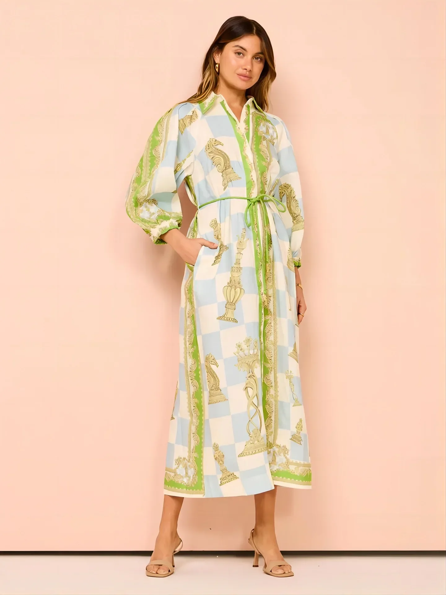 Robe de plage élégante imprimée vintage à manches longues pour femmes, robe maxi à lacets, robe éducative décontractée, mode de vacances, nouveau, 2024