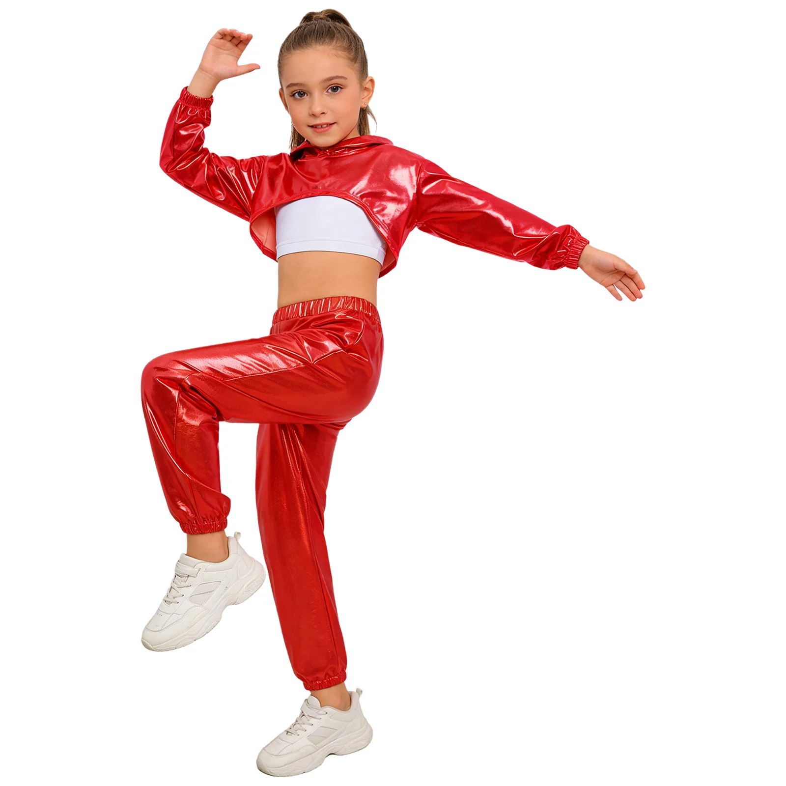 Kids Girls Metallic Shiny Hip-Hop Jazz Dance Costume Long Sleeve Cropped Hoodie with Vest Pants for Stage Performance Streetwear