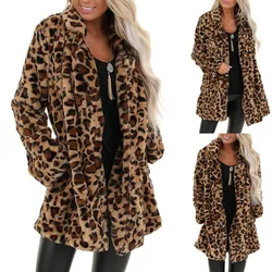 Women’s Leopard Faux Fur Coat Long Sleeve Lapel Fleece Outwear Warm Jackets for Winter Oversized Long Coat Pocket