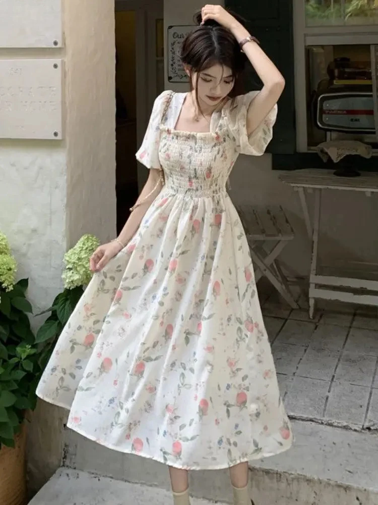 Floral Dresses Women Sweet Square Collar Summer Folds Design French Style Elegant Fairycore Bodycone Holiday Party Leisure Chic