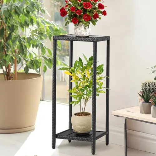 Outdoor Plant Stand 2 Tier Shelf for Patio Flower Pot Planter Stand Holder with Wicker Poly Lumber Shelves 31