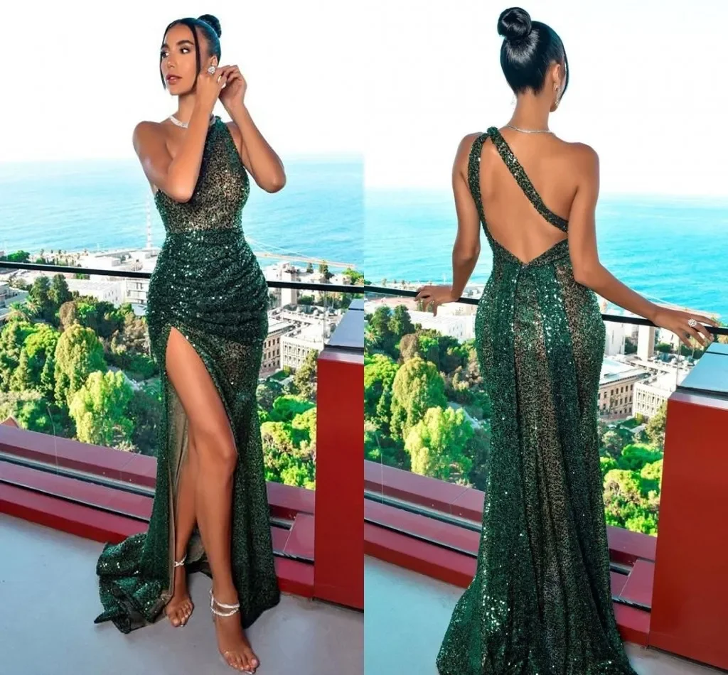 

Green Sequined Mermaid Evening Dresses One Shoulder Backless Side Split Long Prom Party Gowns vestidos de noche