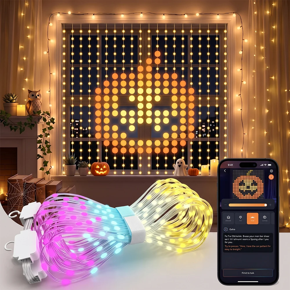 256-400個のledを使用したスマートカーテンライト。usb電源で、アプリで操作可能。rgbとicに対応し、diyパターンや音楽に合わせて点灯。パーティー、寝室の背景装飾に最適。