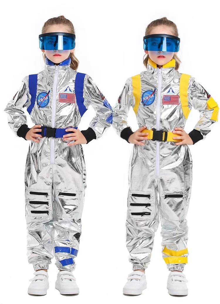 

Children Unisex Silver Spaceman Jumpsuit Flight Astronaut Bodysuit Cosplay Stage Costume Holiday Party Dress Up Gift Space Suit