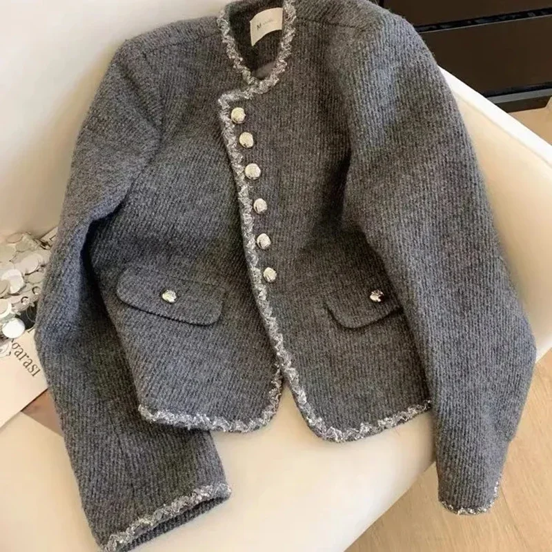 

Vintage Jacket Gray Office Lady Elegant Cropped Coats Women Button Tassel Patchwork Small Fragrance O Neck Retro Quilted Outwear