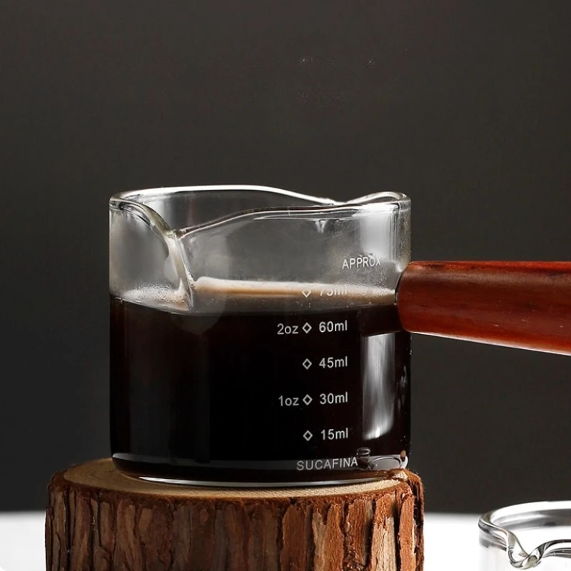 

‌75ml Transparent Espresso Measuring Cup with Wood Handle - Perfect for Single/Double Shot Coffee, Milk Frothing & Kitchen Use