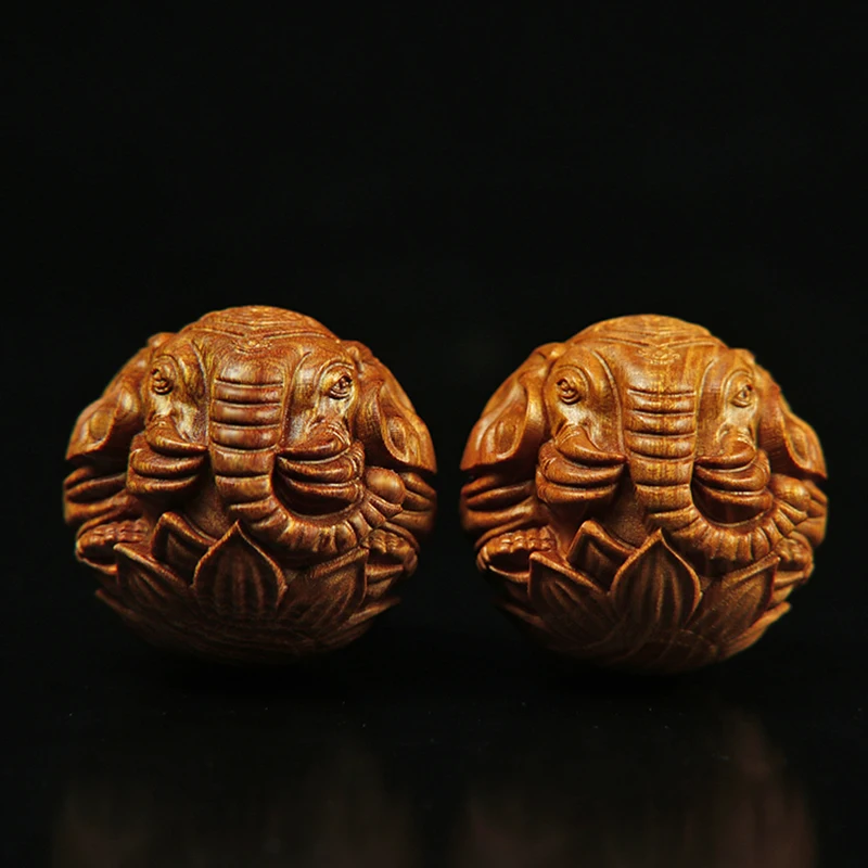 XS059-4.5 Hand Carved Boxwood Carving Animal Statue Home Decor -Wood Balls Elephant Chinese Folk Craf