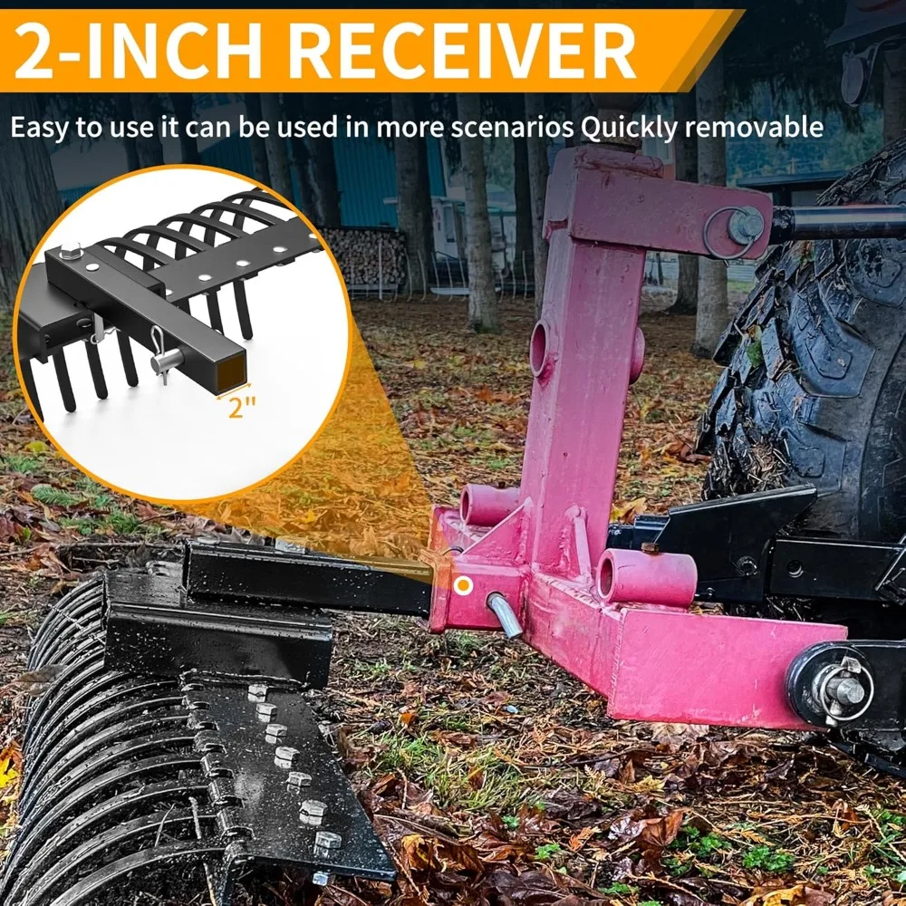 Rastrillo de remolque detrás del paisaje, rastrillo de Tractor de 60 pulgadas con 2 receptores para ATV UTV, 21 dientes de acero con resorte, rastrillo desacoplador de césped Atta