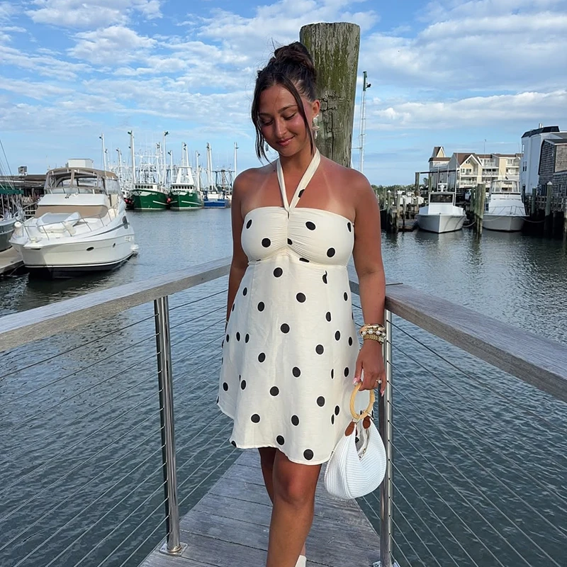 Polka dot halter mini vestido feminino dupla camada rendas até sem costas boho vestidos femininos vestido impresso para praia férias vestidos