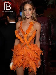 PB 2024 New Orange Prom Dresses  Sparkly Beading Crystal Rhinestones Feathers Embellished Birthday Party Cocktail Evening Dress