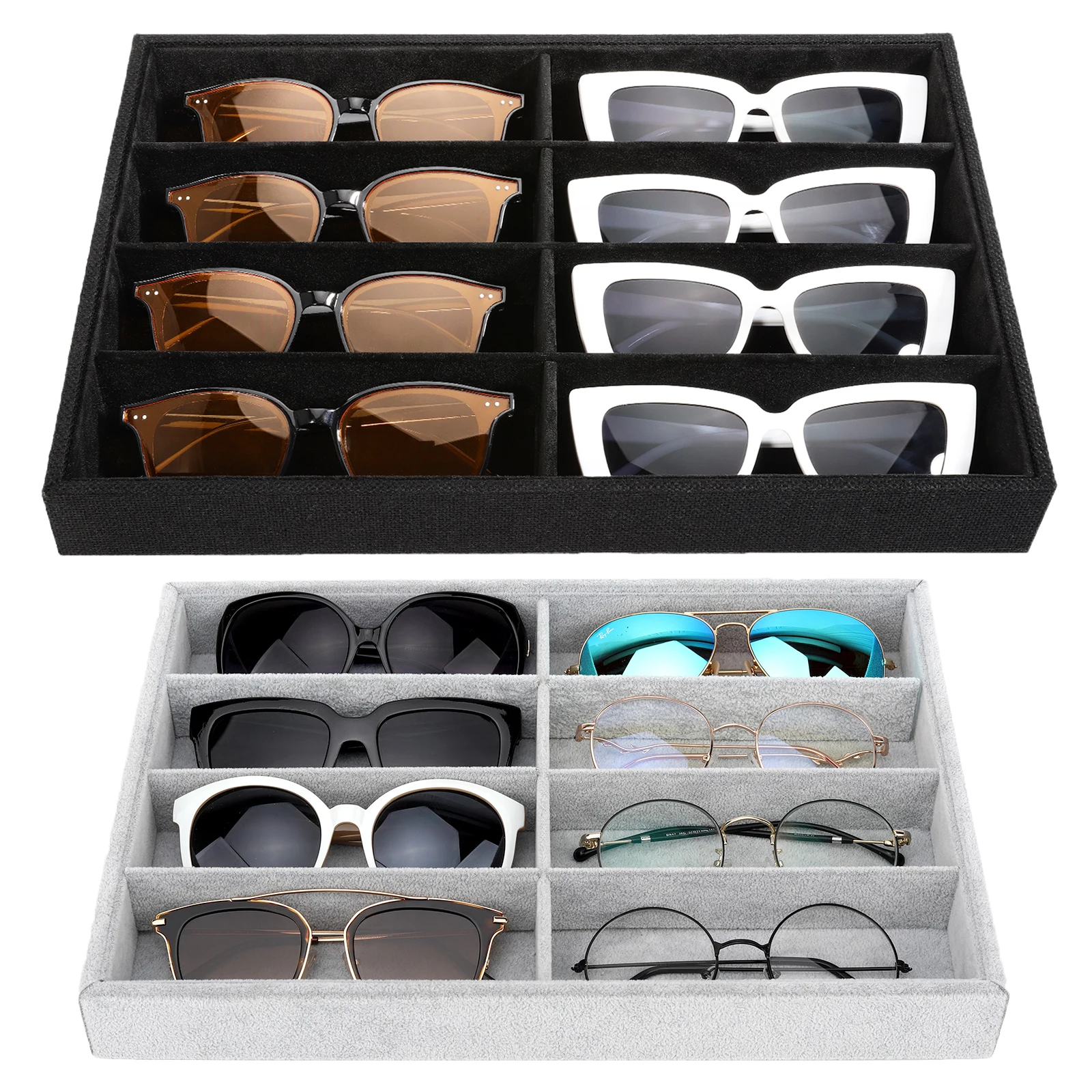 Glasses Organizer Jewelry Tray 8 Grids Velvet Tray Watch Storage Stackable Jewelry Showcase  with Detachable Inner Dividers