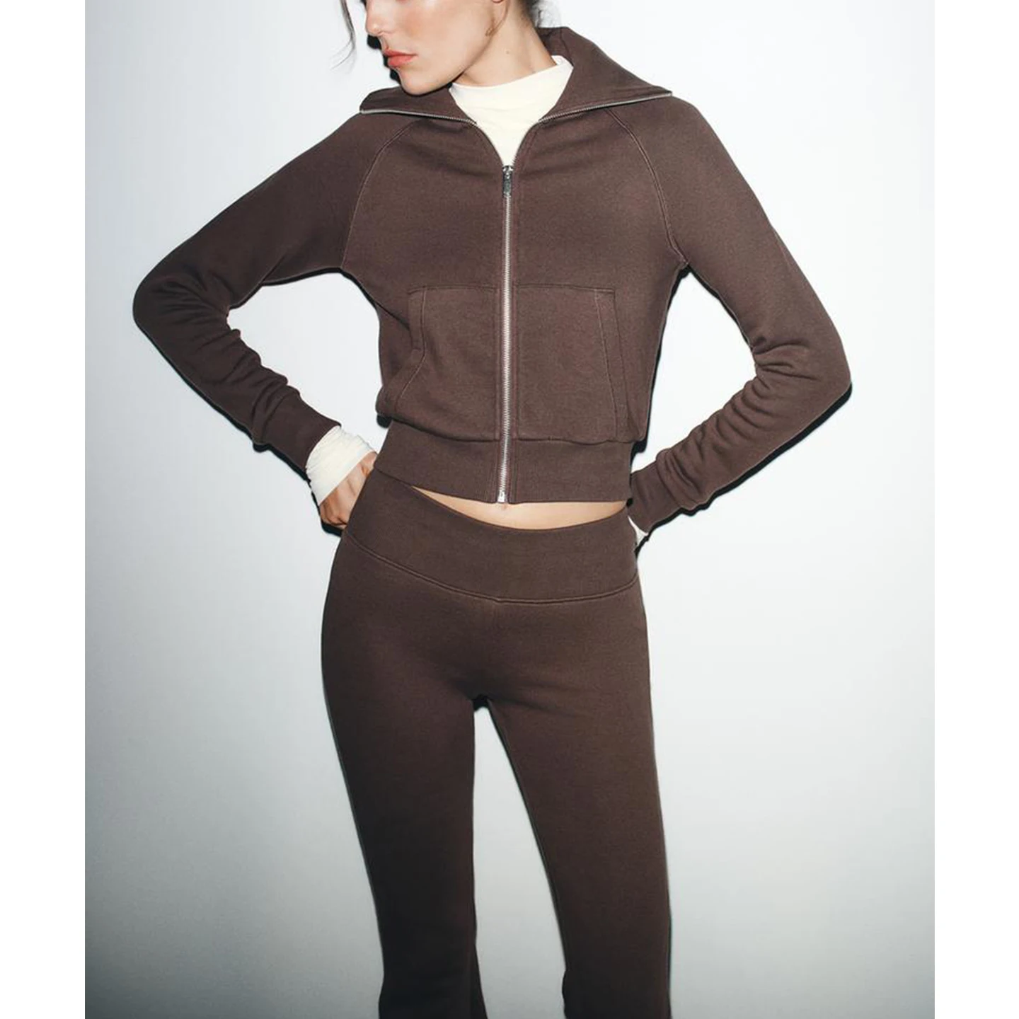 Faion Autunno Set da donna a vita alta con patta Colletto lungo con cerniera Fce Jaet e pantaloni lunghi Abito casual a due pezzi