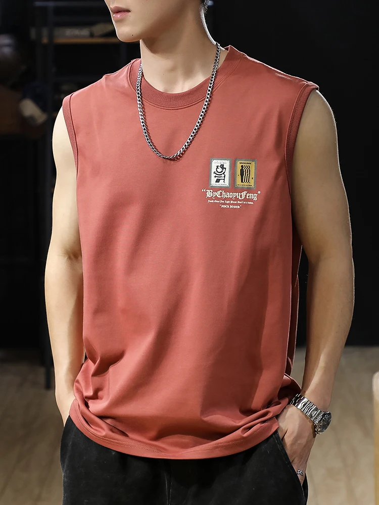 

Летняя мужская свободная спортивная майка-безрукавка из хлопкового бленда с нашивкой на плече, модная молодежная толстовка