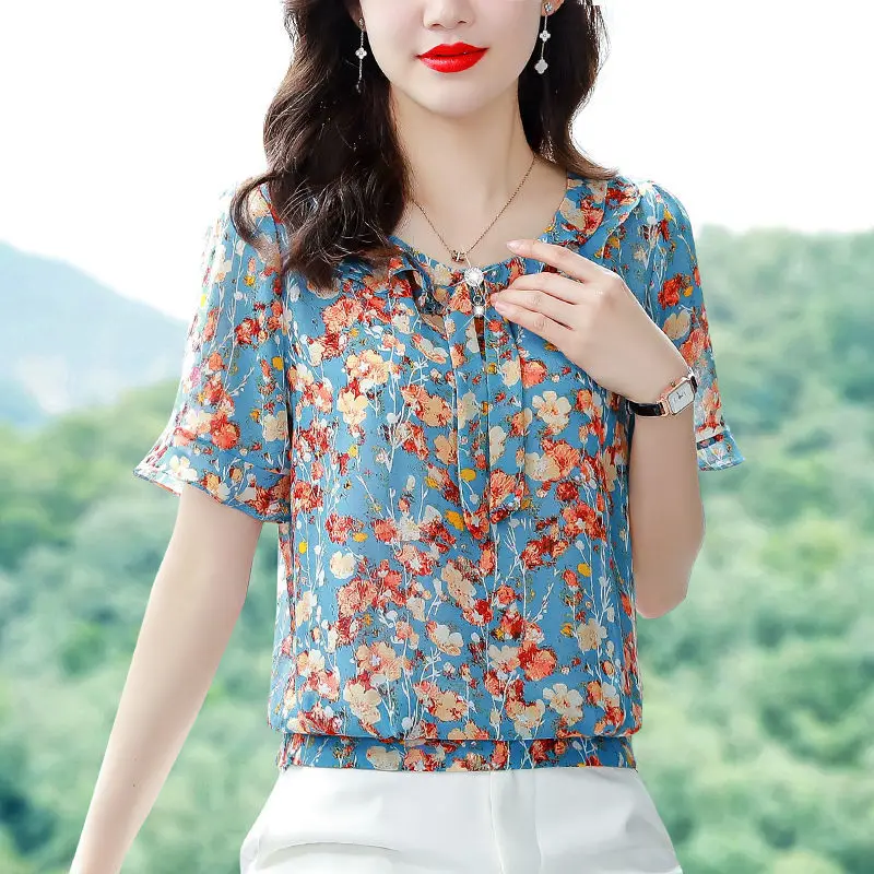 Short Sleeve Round Neck Chiffon Blouse Women Floral Print 2022 Female Casual Chic Shirts Summer Korean Ladies Loose Pullover Top