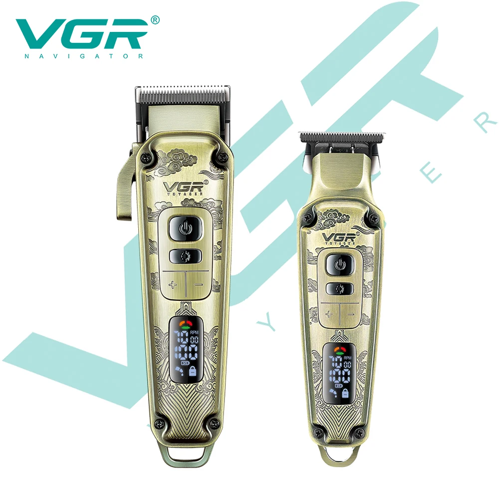 

VGR V-643 Мужской набор для стрижки волос 2-в-1, электрическая машинка для стрижки волос с металлическим рельефным корпусом, домашняя светодиодная интеллектуальная цифровая машинка для стрижки волос