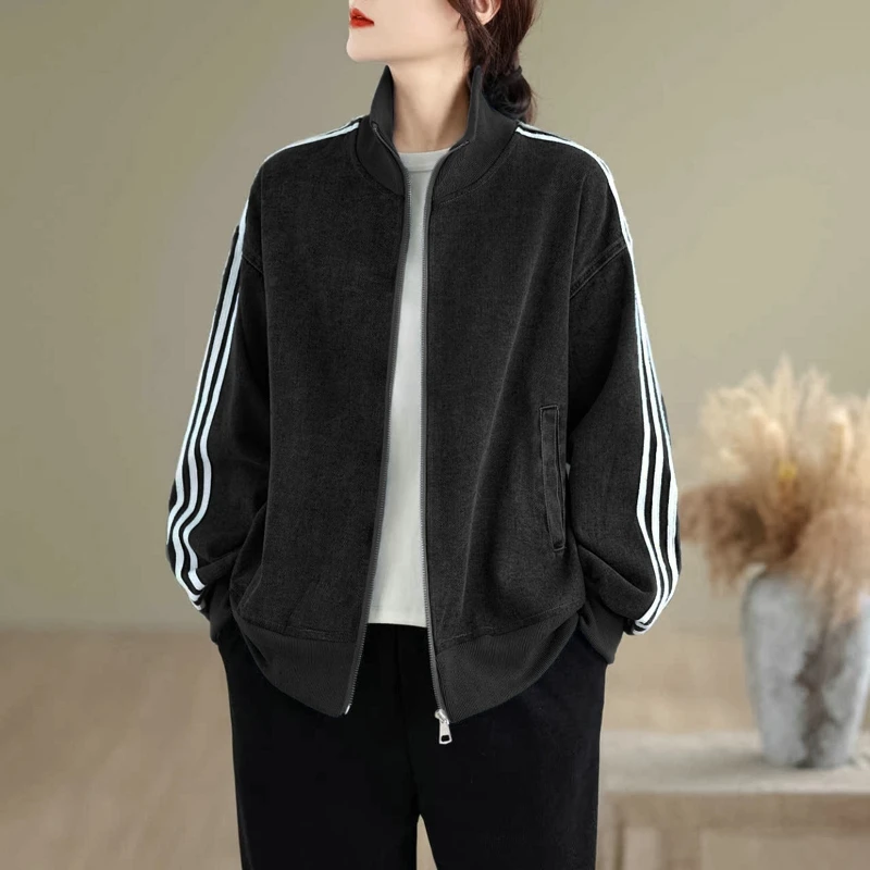 Chic coréen Sle ort Denim Jaet femmes couleur Pure fermeture éclair col montant t-shirt barres manteau trajet coton Polyester mélange