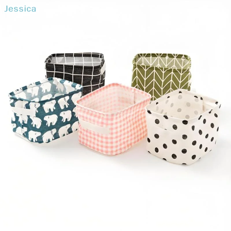 ♥ سلة تخزين أشتات من نسيج القطن والكتان قابلة للطي للمنزل وغرفة النوم والخزانة (الدب القطبي/المتقلب/تصاميم منقطة بولكا)