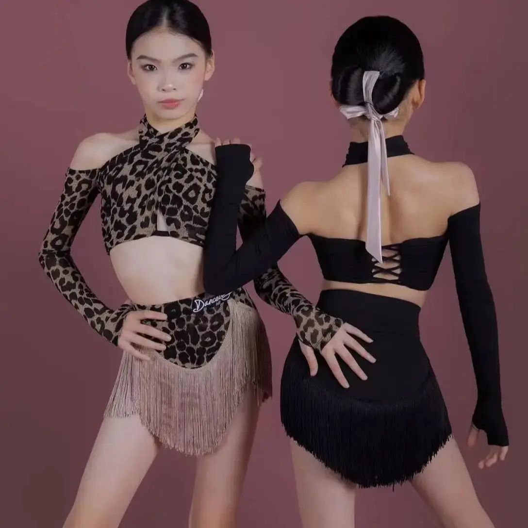 라인댄스 의상 무대 의상 세트 레오파드 라틴댄스 프린지 스커트 라틴댄스 트레이닝 긴팔 상의