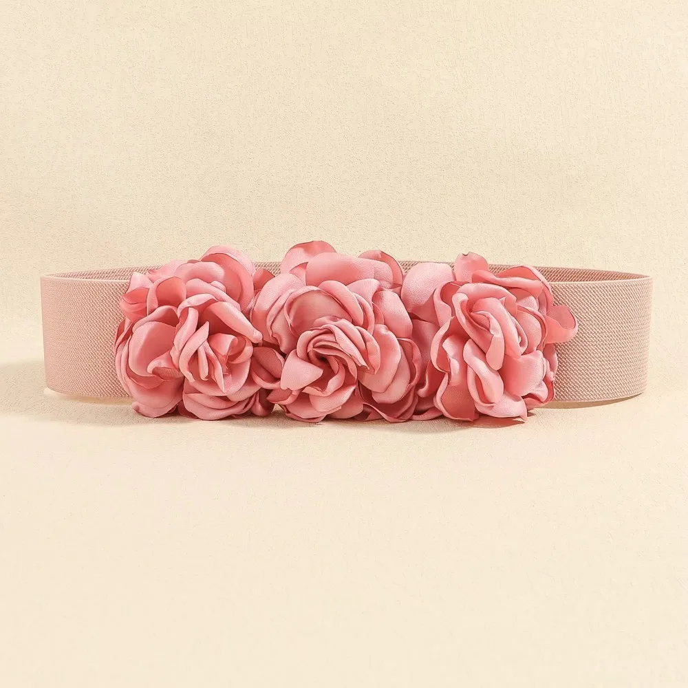 

Retro Retro Rose Stretch Belt Wide Handmade Flower Design Elastic Waistband Breathable Waist Seal Belt