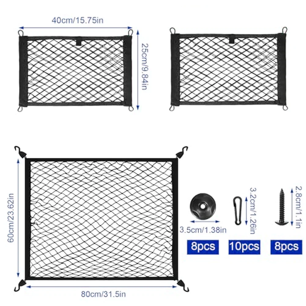 3PCS Car Trunk Cargo Storage Net Kit Flexible Trunk Nylon Elastic Mesh With Hooks Luggage Divider Net Network Pocket Organizer