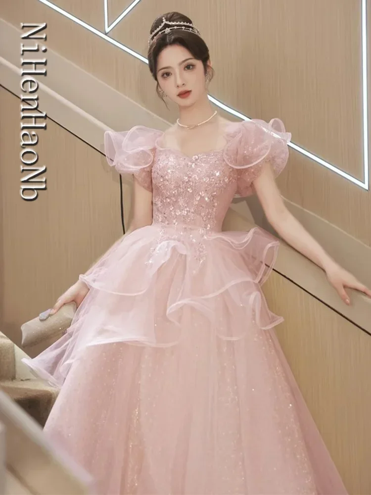 open lace back dress Blue Velvet Tulle Long Prom Dress, Beautiful Short Sleeve Evening Dres