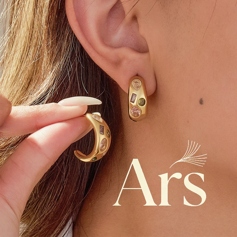 Ars C-shaped Earring for Women 18K Gold Plated Earrings Stainless Steel Earring Colorful Zircon Earrings Chunky Stud Earring