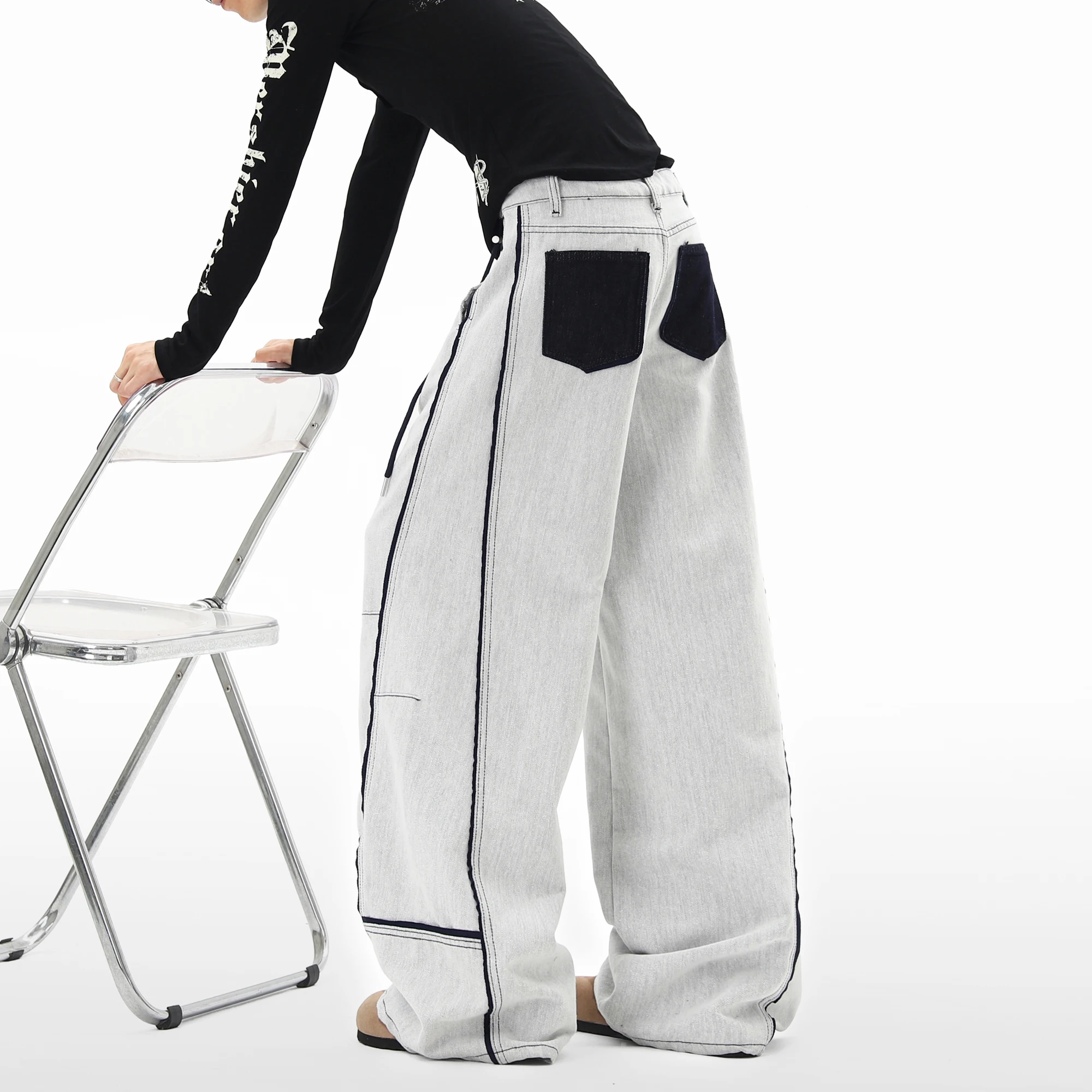 

jeans men New Design Mens Loose Fit Jeans Patchwork Denim Pants Contrast Back Pocket Street Hip Hop Dance Trousers