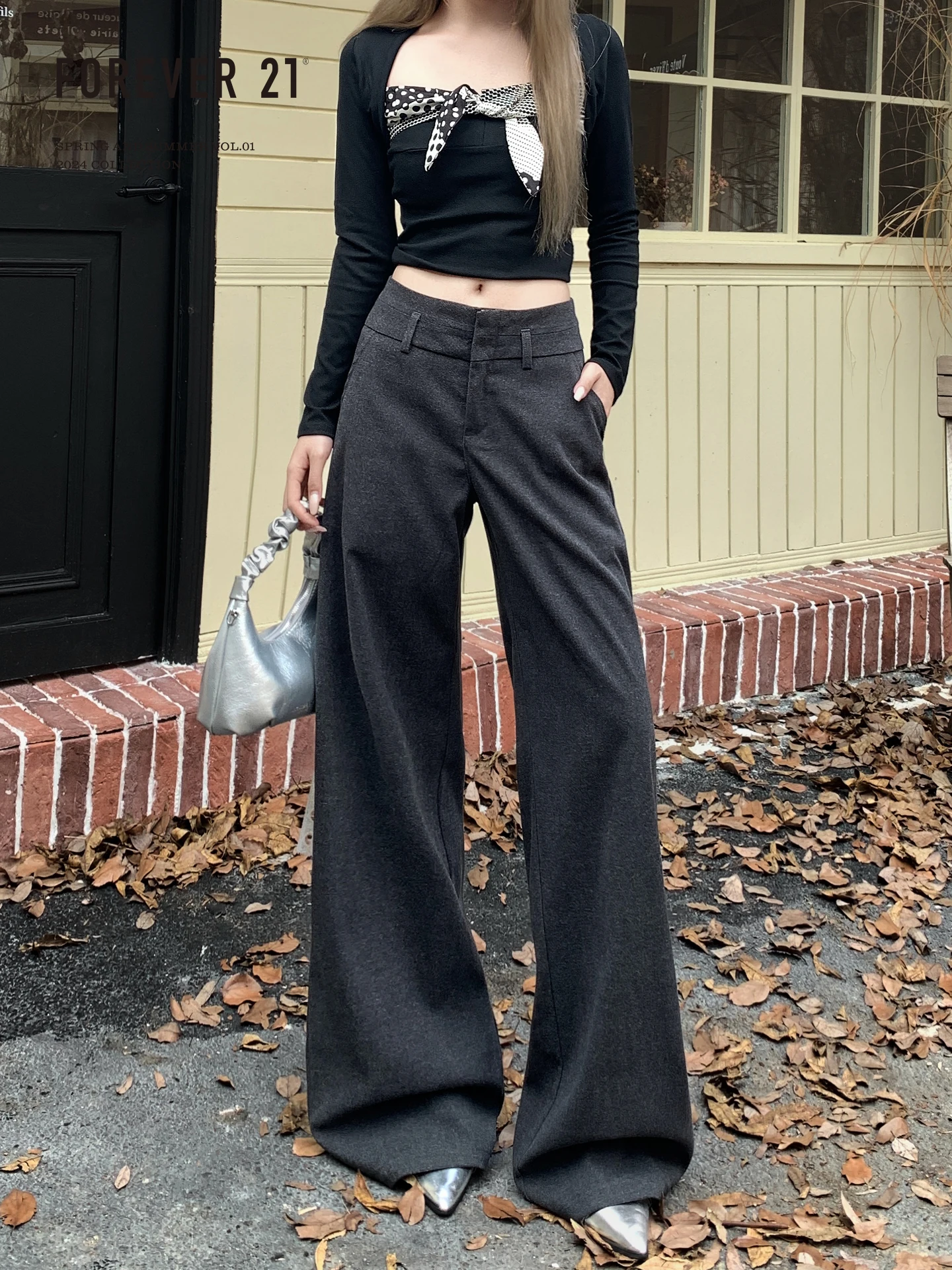 Grey Wide Leg Suit Pants for Women Loose Fitting Casual High Waist Drapey Pear Shape Long Trousers by Forever 21
