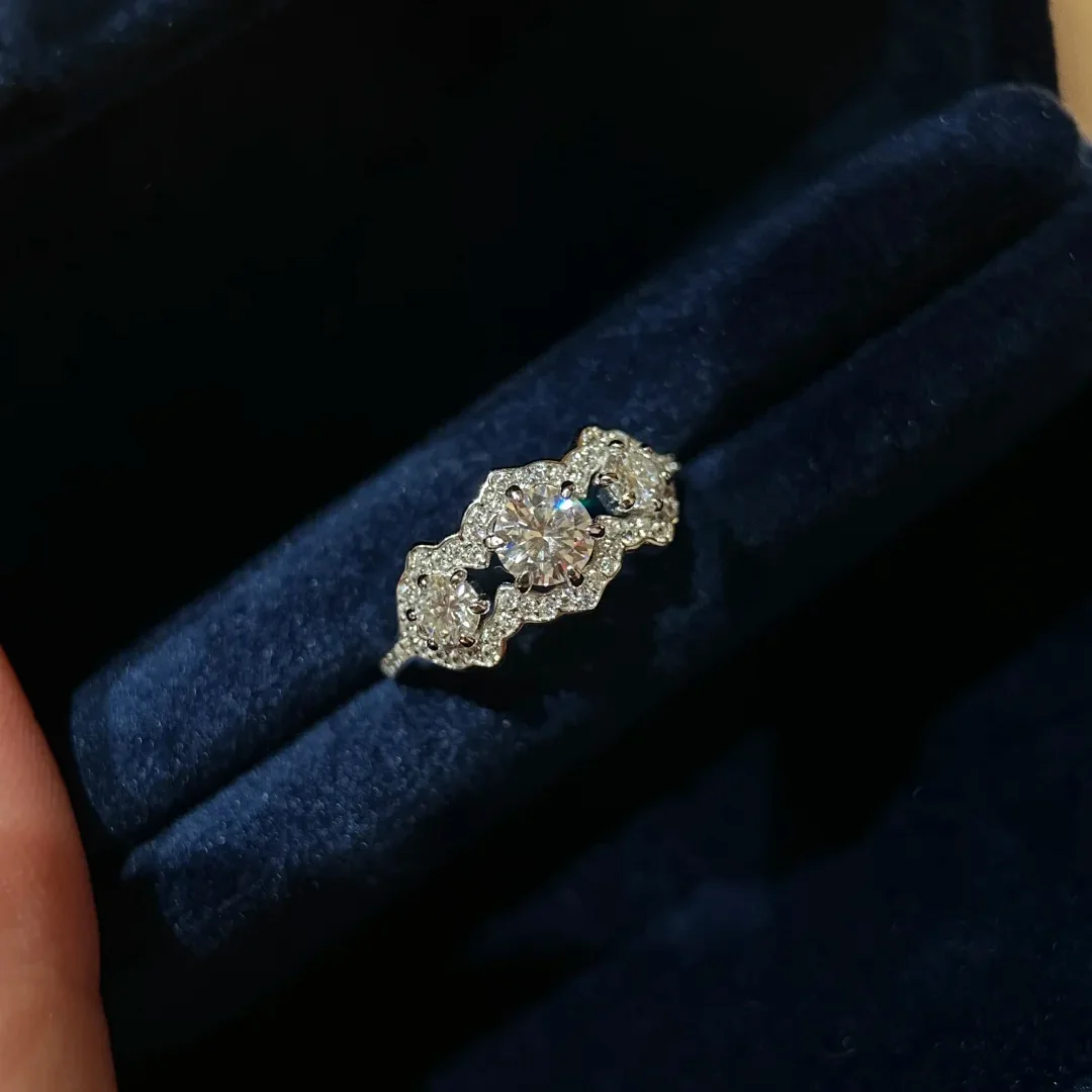 Luxury Sparkling Ring for Women, 925 Silver Vintage Lace Halo CZ Ring, High End Wedding Jewelry Gift