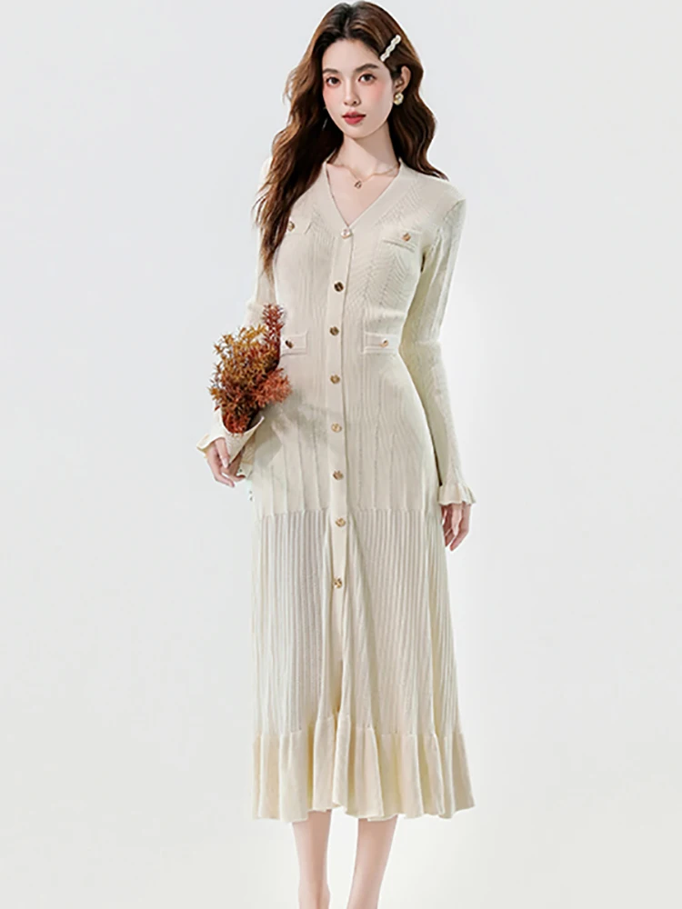 Vrouwen Effen Gebreide Single Breasted Lange Mouw V-hals Jurk Herfst Winter Elegante Verstoorde Lange Jurk 2025, Koreaanse Bodycon Jurk