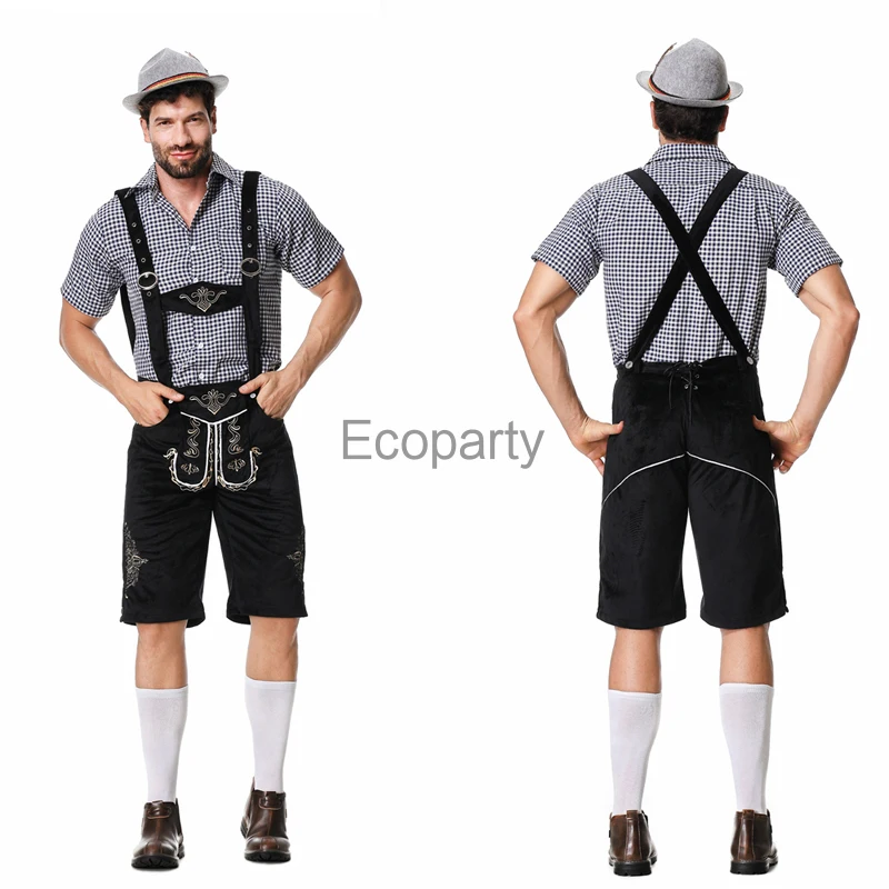 New German Oktoberfest Costume For Men Beer Lederhosen Top Suspenders Shorts Hat Set Male Tradition Bavarian Party Outfits