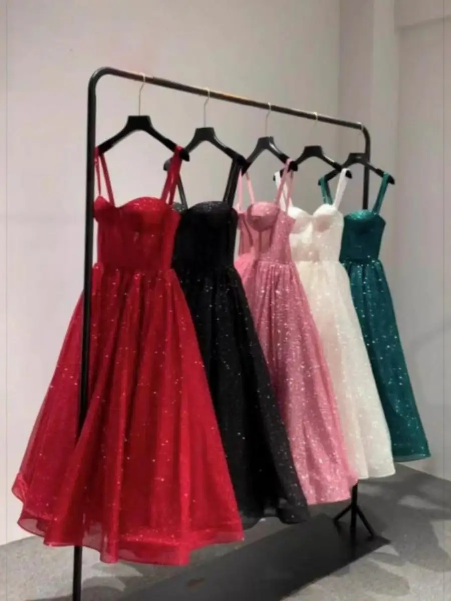 

New 9a Mid-Length Gown with Strap Sequin Mesh Puffy Skirt Suitable for Parties And Daily Wear Elegant Evening Dress