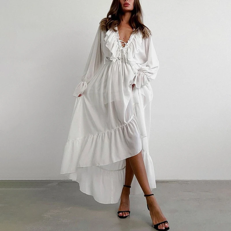 

Talenza Ruffled Irregularly Dress Women's Lace Up V Neck Flared Sleeves Pleated Chiffon A Line Dress Female White Casual Dresses