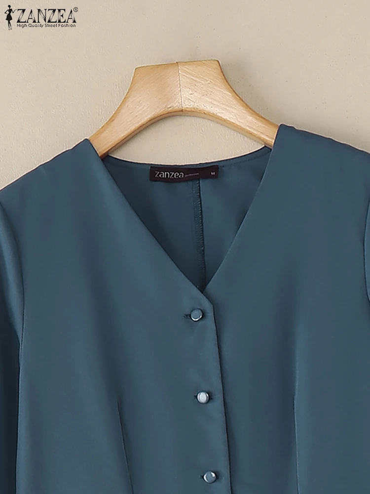 ZANZEA Women's Casual Pleated Midi Dress V-Neck 3/4 Sleeve Button Up A-Line Dresses Elegant Office Commuting Wear Woman Clothing