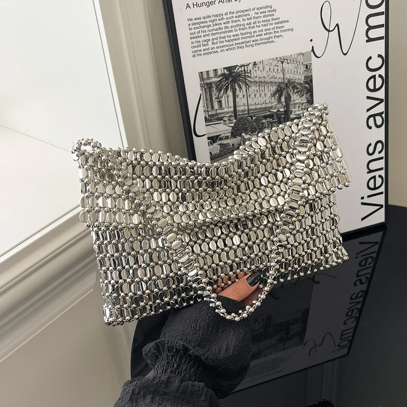 

Luxury Silver Evening Clutch Bag For Women Designer Half Moon Shoulder Bag Fashion Chain Handbag Hollow Out PVC Bag Lady Bolsas