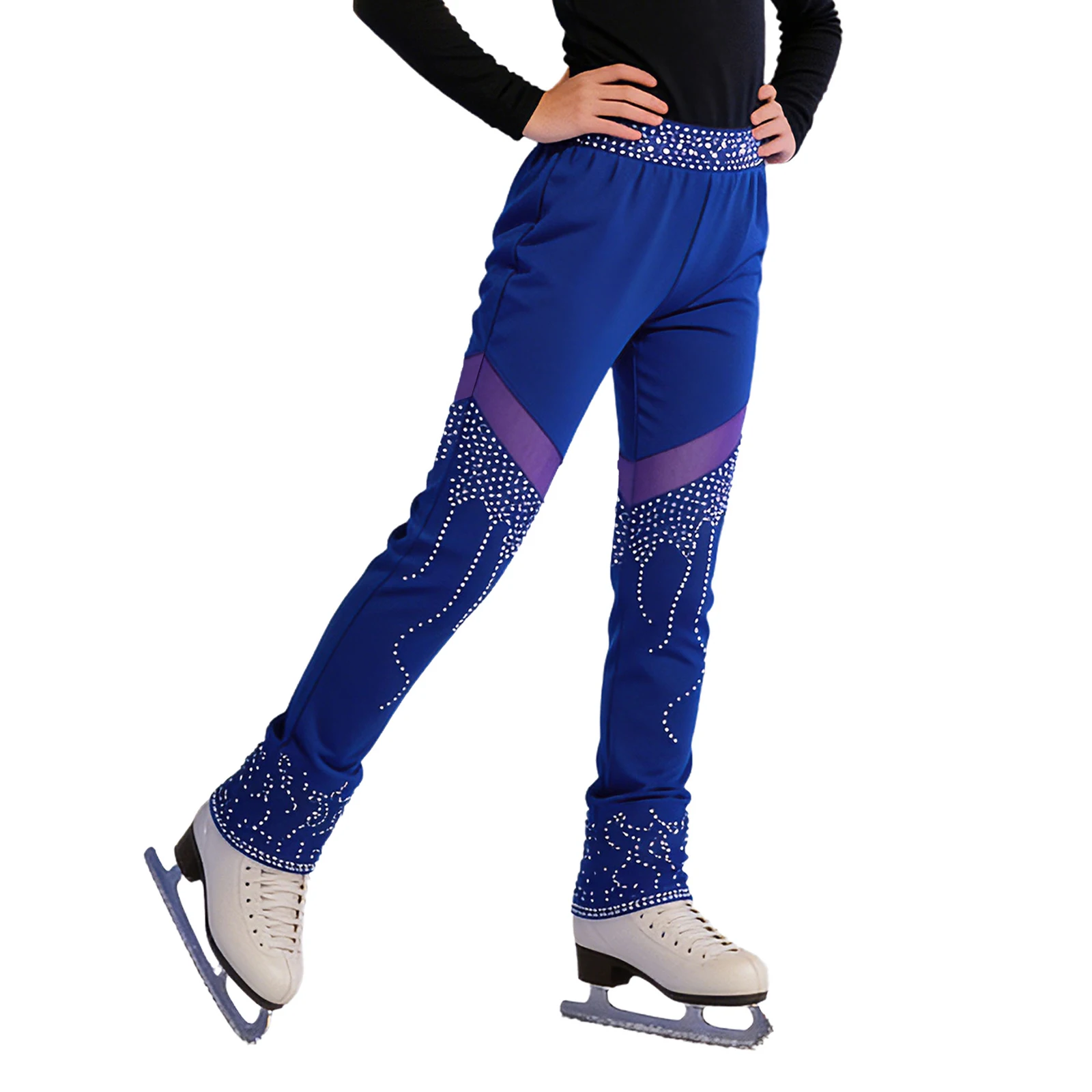 

Kids Girls Figure Skating Dance Pants Thin Fleece Lined Leggings Elastic Waistband Mesh Rhinestones Gymnastics Dance Trousers