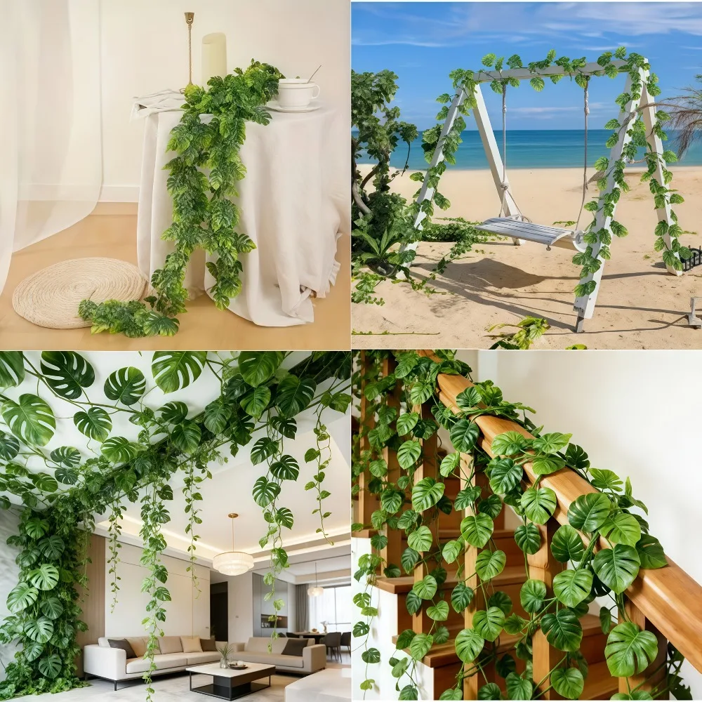 4-teiliges Set Künstliche Hängepflanzen, Tropische Kunstpflanzen, Plastik-Monstera-Blätter, Schildkrötenblätter für Garten- und Hochzeitsdekoration 2026 – Detail 7