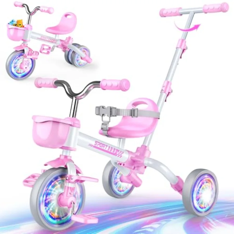 

5 in 1 Toddler Bike for 1-5 Year Old Tricycle with Push Handle Convertible Baby Balance Bike Light Wheel Detachable Pedal 4-Pos