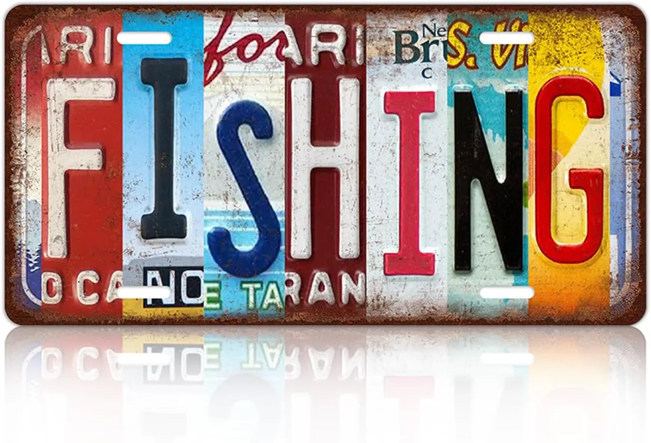 Vintage Sport Metal Tin Sign Fishing License Plate Wall Decor for Home Cafe Bar Pub 12 x 6 Inches