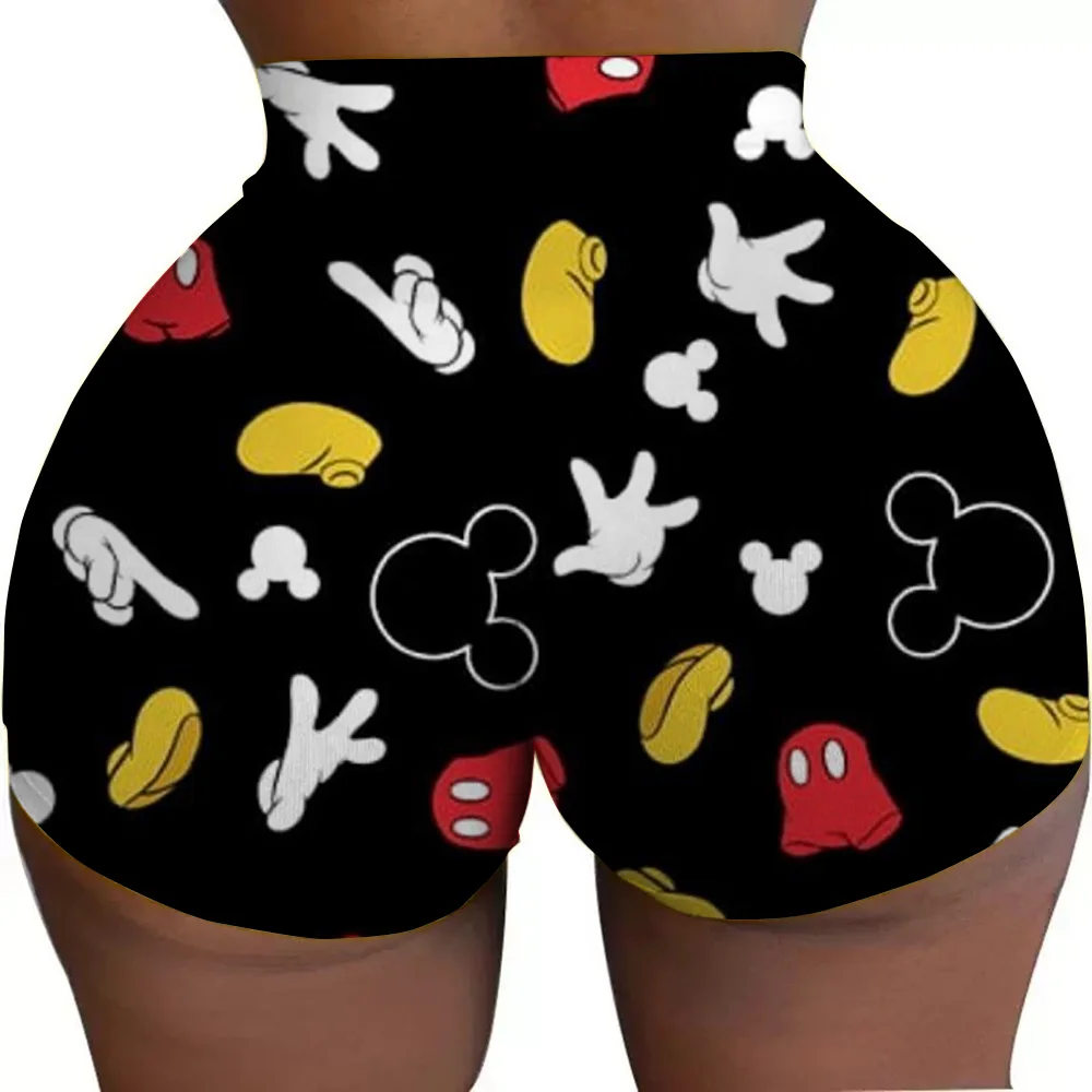 女性用 ジム ランニング バイカー ヨガ ショーツ ミッキー マウス ミニー ピンク パターン ハイウエスト ショーツ ジム バイカー ランニング パンツ タイツ