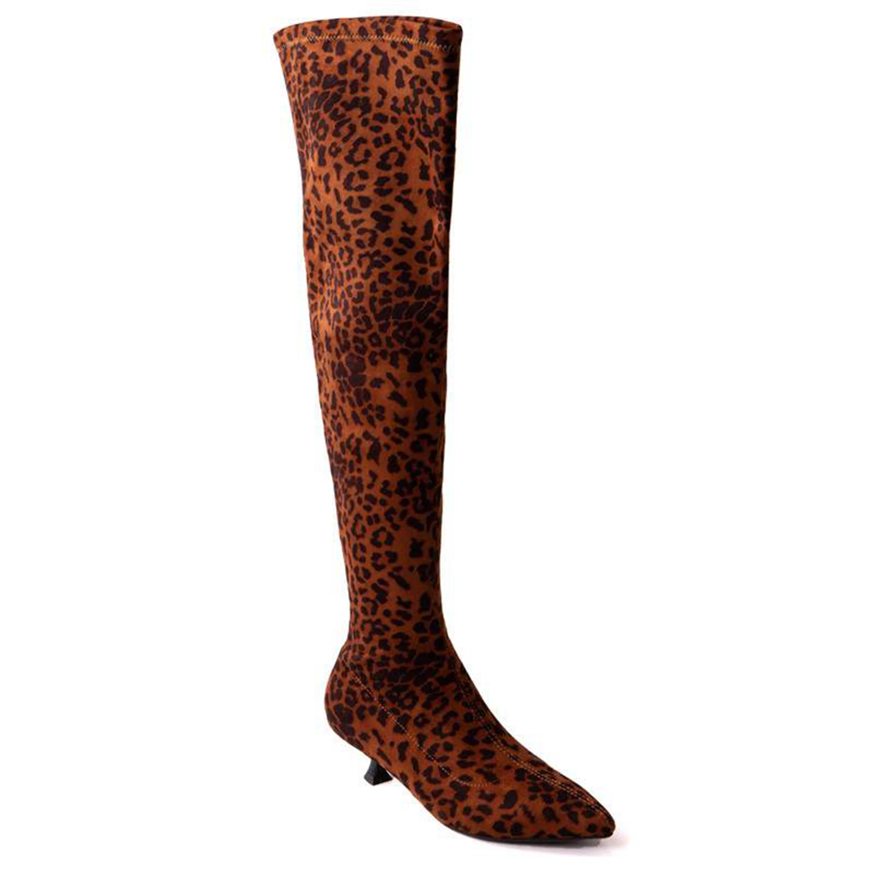 Krazing pot leopardo impressão rebanho apontou toe med saltos estiramento botas longas inverno luxo elegante namoro botas femininas acima do joelho