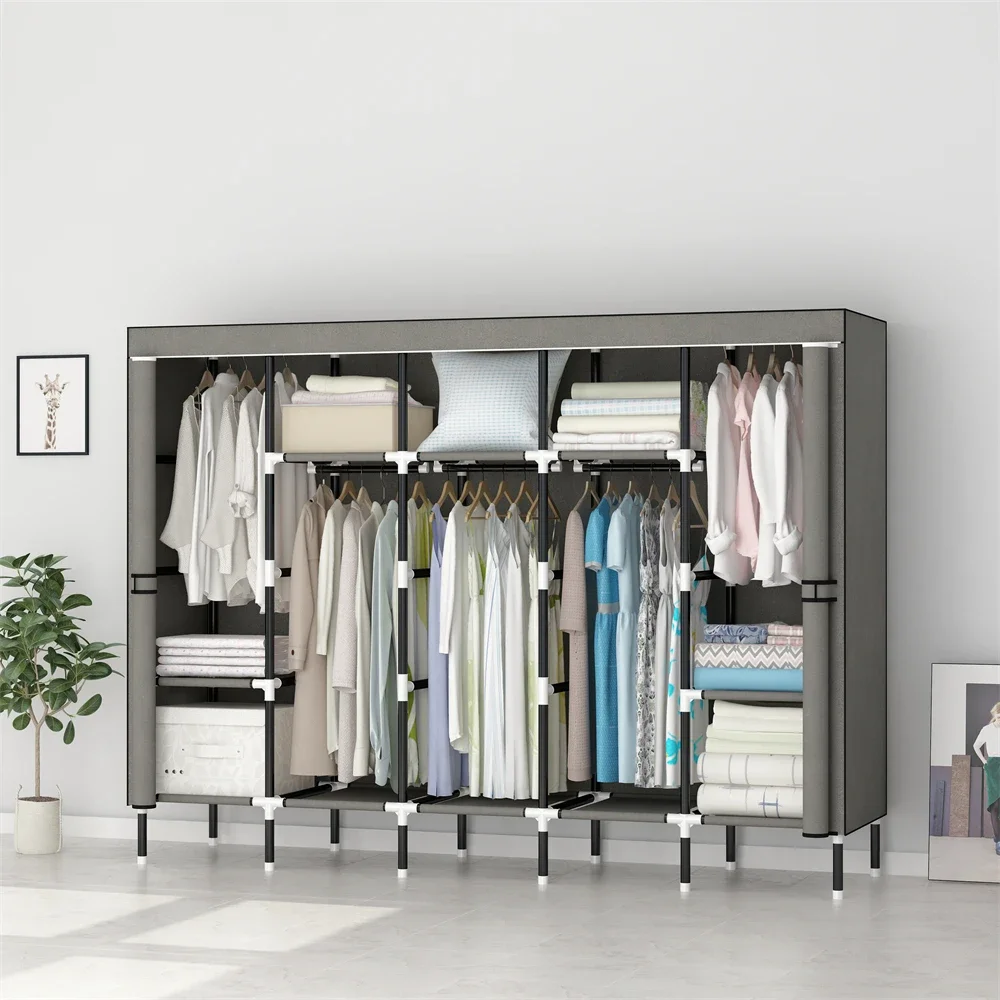 Closet Wardrobe 80in 203x42x170CM Wardrobe Steel Fabric Clothes Hanging with 10 Storage Shelves & 5 Hanging Rods