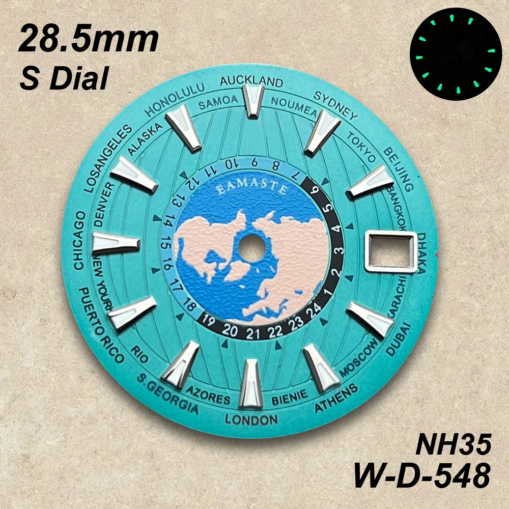 28.5mm S Logo World Map Dial Fit NH35/NH36/4R/7S Japanese Automatic Movement Green Luminous Watch Modification Accessories