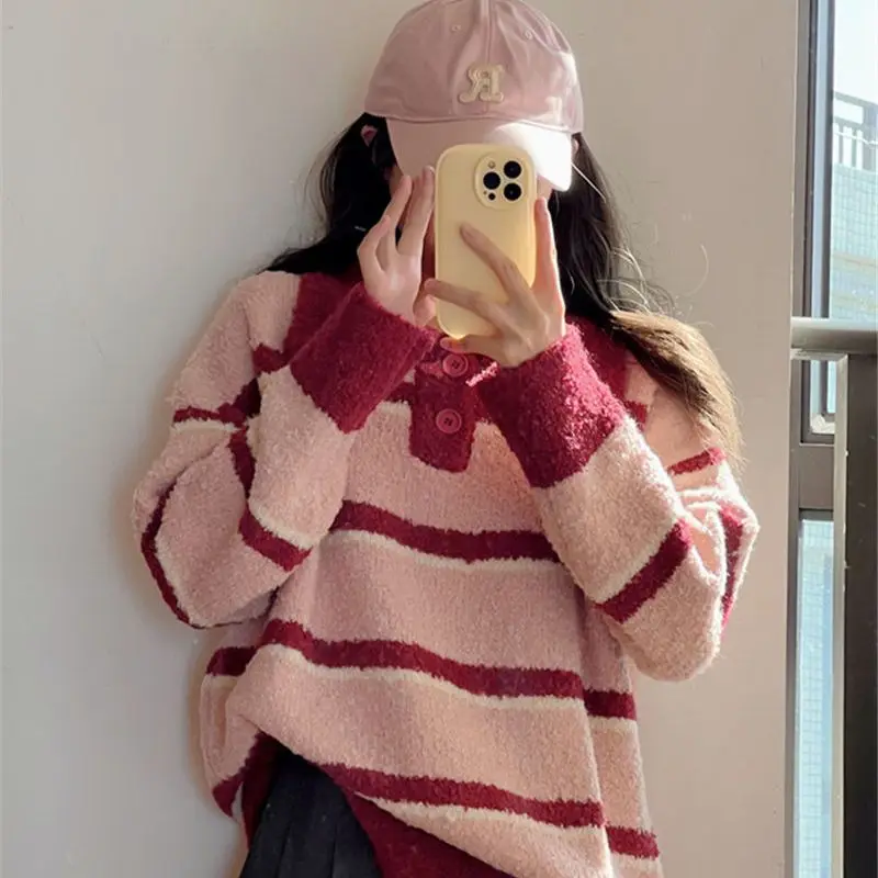 Striped pullover cherry long-sleeved polo sweater girl spring autumn winter fresh western sweet age-reducing sweater female