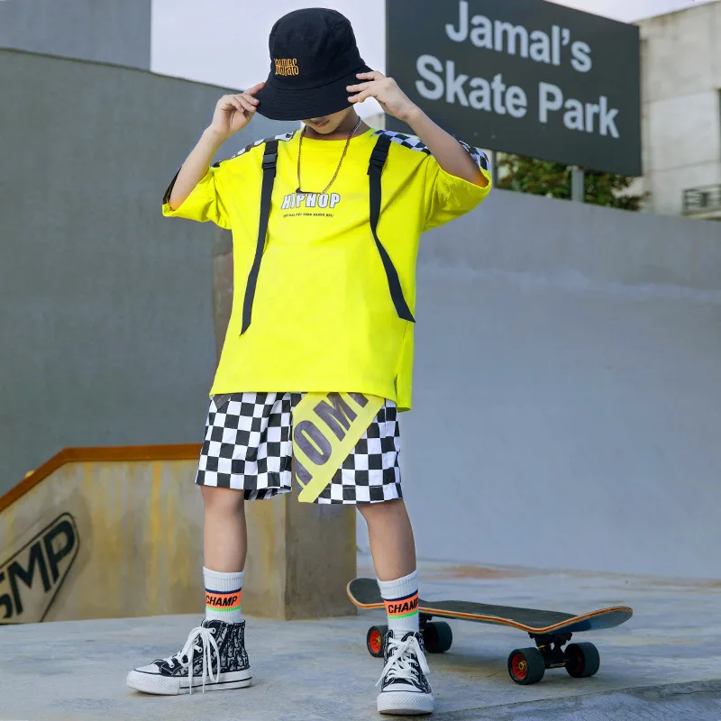 Skirt Mini for Girls Boys Jazz Dance Costume Set Clothes Kid Hip Hop Clothing Oversized T Shirt Crop Top Summer Shorts Checkered