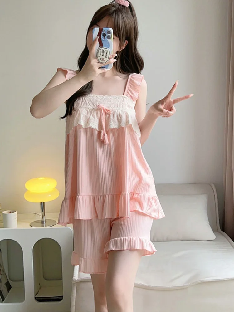 Pajama Sets Women Lace-up Creativity Sweet Home Leisure Trendy Prevalent Korean Style Vintage Simple All-match Charming Elegant