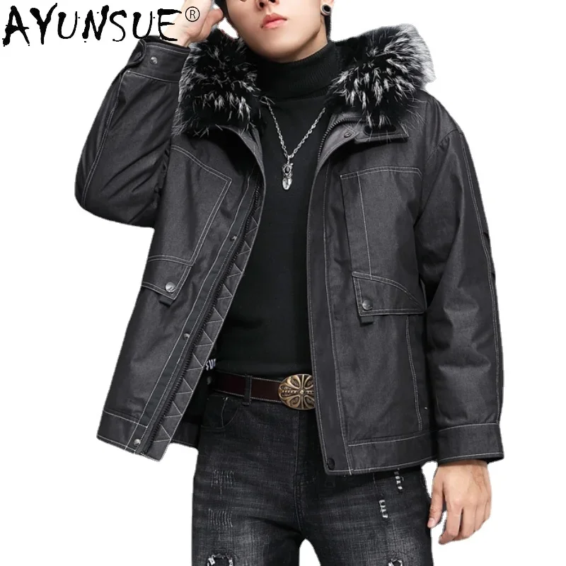 

AYUNSUE Winter Coat for Men Detachable Rabbit Fur Liner Fur Coat Man Parka Warm Hooded Short Jackets Casaco Pele Coelho Natural